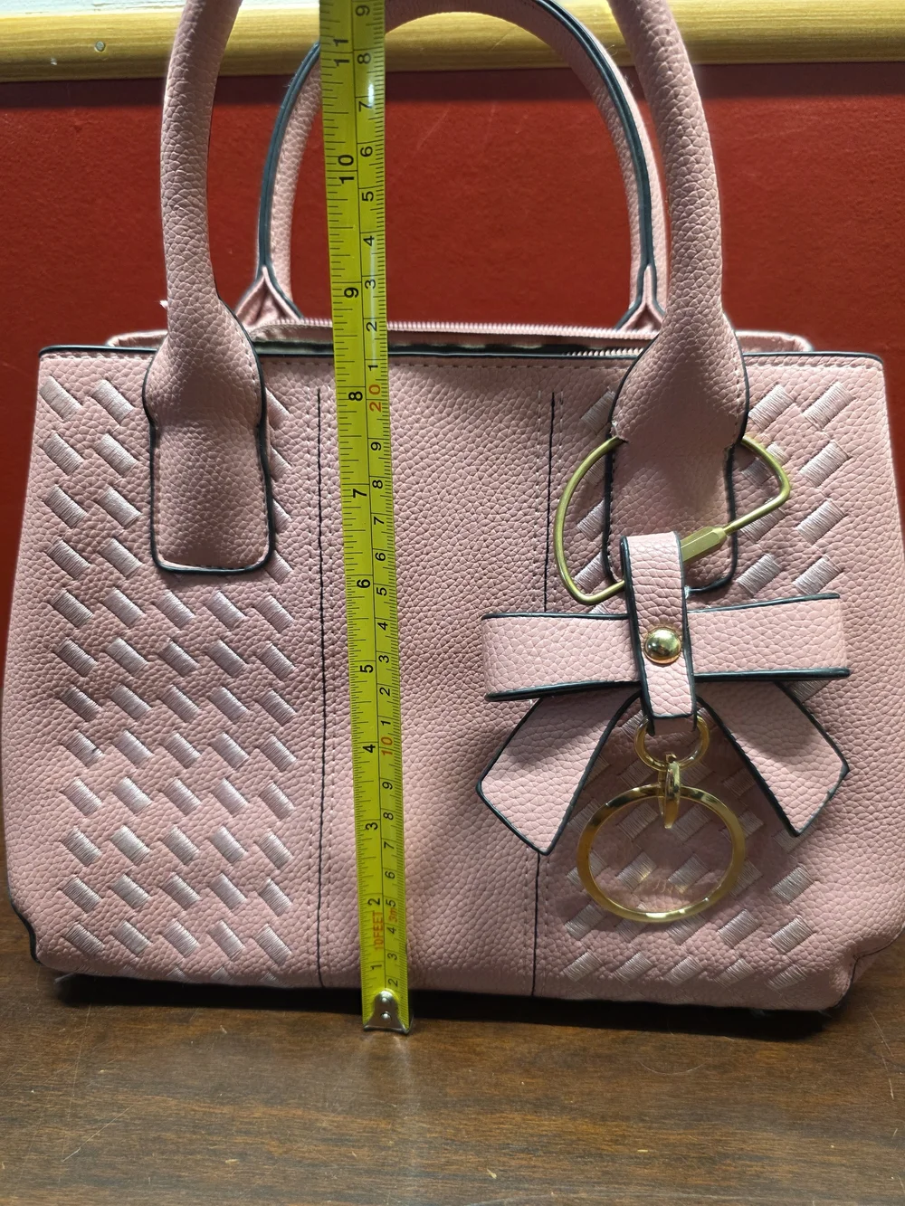 Chic Pink Satchel with Bow Charm and Gold Accents - Picture 6 of 8